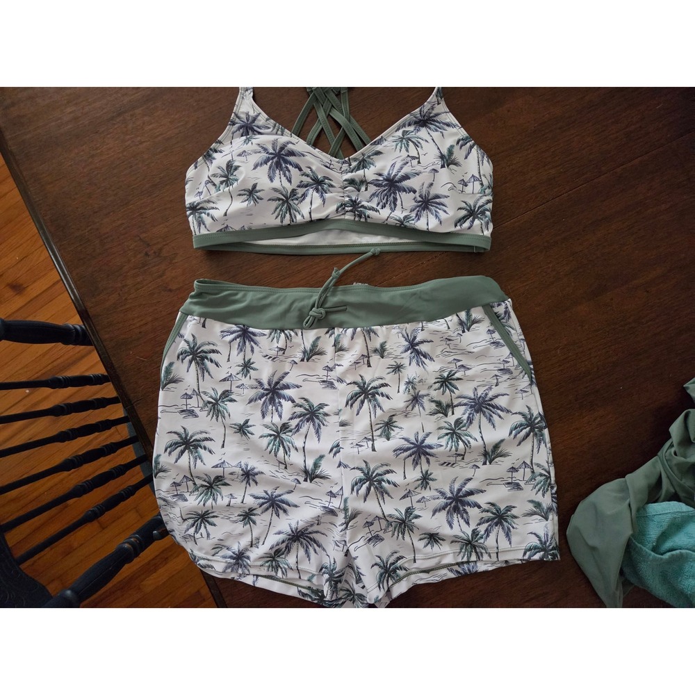 Tropical Palm Tree Print 3 Piece Swimsuit Set XL Sage Green Shorts Tankini Top